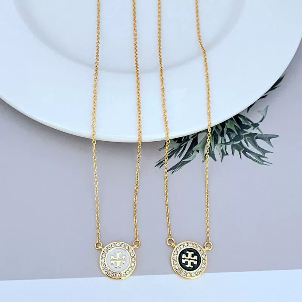 Tory Burch Inlaid Rhinestone Enamel Round Metal Necklace